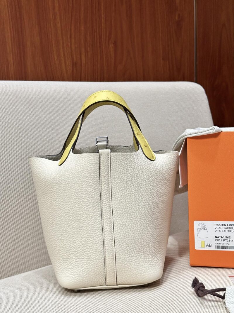 Hermès Picotin 18 Taurillon Clemence & Ostrich Nata & Lime Silver Hardware - Image 4