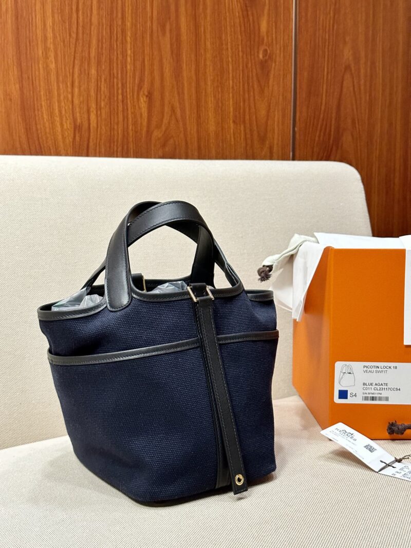 Hermès Picotin Cargo 18 Canvas & Leather Deep Blue & Noir Gold Hardware - Image 2