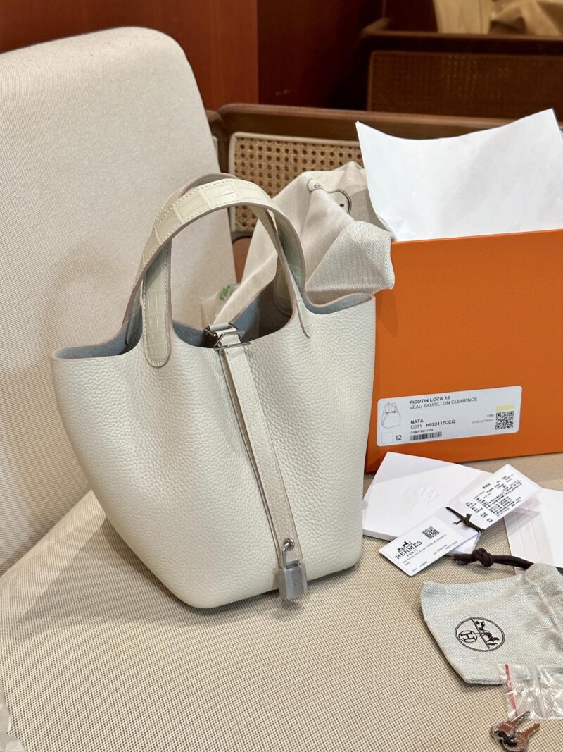 Hermès Picotin Touch 18 Taurillon Clemence & Matte Alligator Craie Silver Hardware