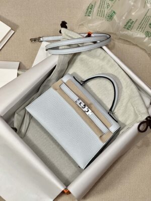 Hermès Mini Kelly Chevre Blue Brume Silver Hardware