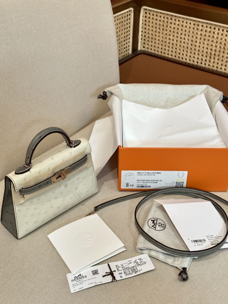 Hermès Mini Kelly 19 Ostrich Beton & Gris Asphalt Gold Hardware - Image 5