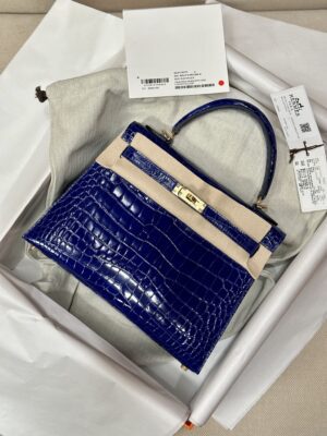 Hermès Kelly 25 Shiny Porosus Blue Electric Gold Hardware