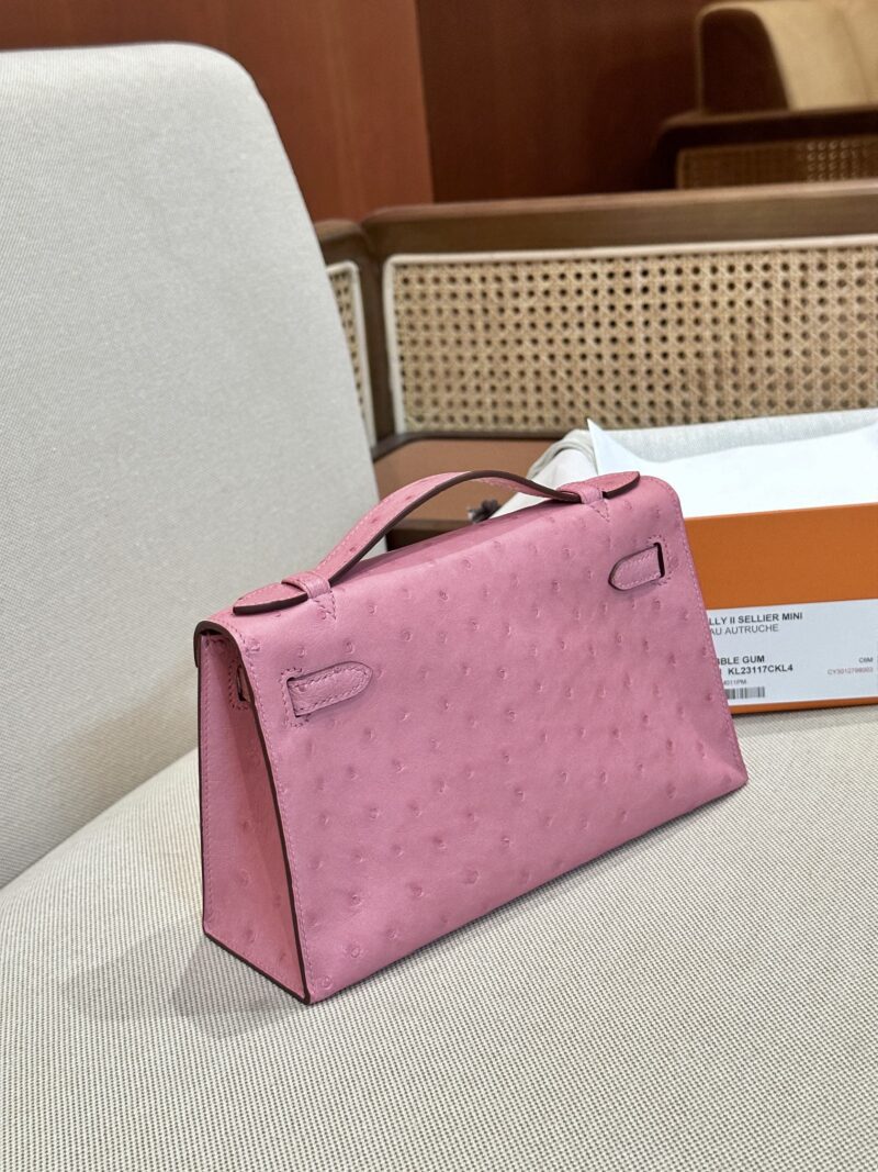 Hermès Kelly Pochette Rose Bubble Ostrich Palladium Hardware