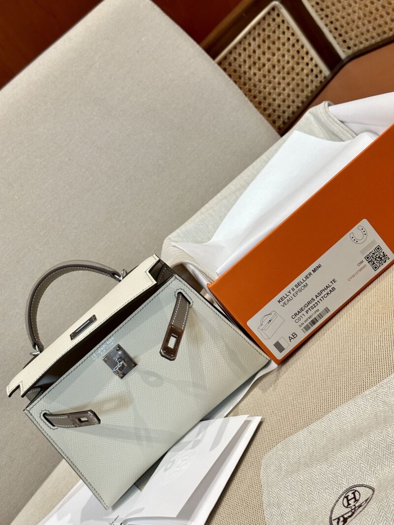 Hermès Mini Kelly 19 Epsom Craie & Gris Asphalt Silver Hardware - Image 9