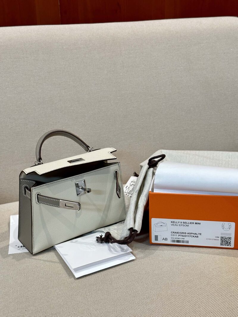 Hermès Mini Kelly 19 Epsom Craie & Gris Asphalt Silver Hardware - Image 6