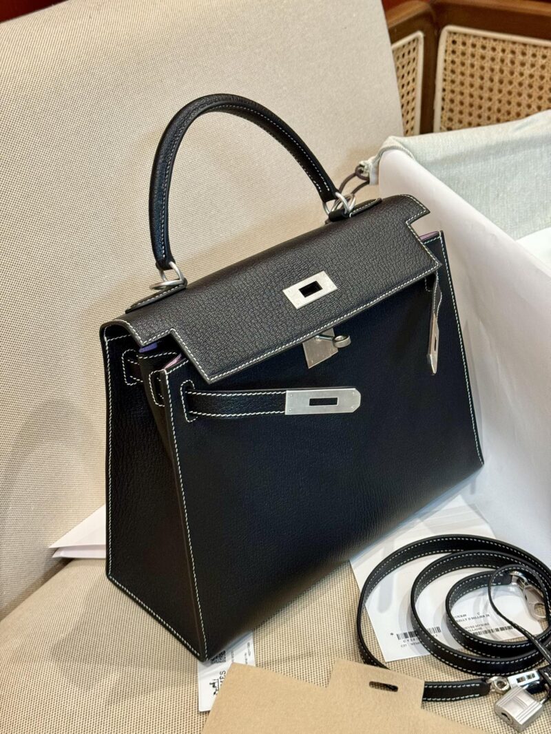 Hermès Kelly 28 Chevre Noir, Mauve Slyvestre Silver Hardware - Image 5
