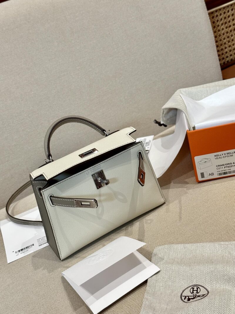 Hermès Mini Kelly 19 Epsom Craie & Gris Asphalt Silver Hardware - Image 7