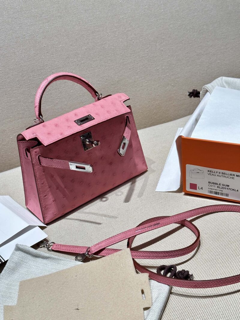 Hermès Mini Kelly Ostrich Rose Bubble Silver Hardware - Image 8