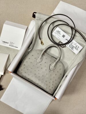 Hermès Mini Bolide 18 Ostrich Gris Pearl Gold Hardware