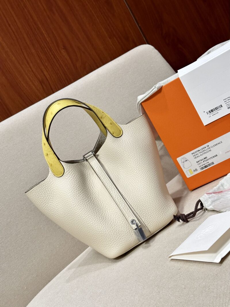 Hermès Picotin 18 Taurillon Clemence & Ostrich Nata & Lime Silver Hardware - Image 2