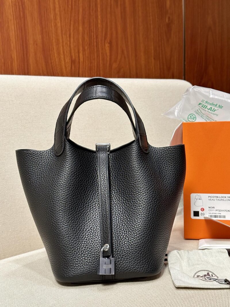 Hermès Picotin Touch 18 Taurillon Clemence & Crocodile Noir Silver Hardware