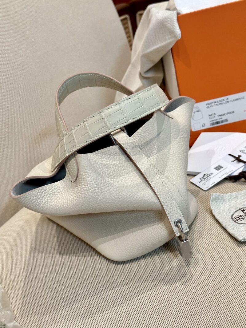 Hermès Picotin Touch 18 Taurillon Clemence & Matte Alligator Craie Silver Hardware - Image 4