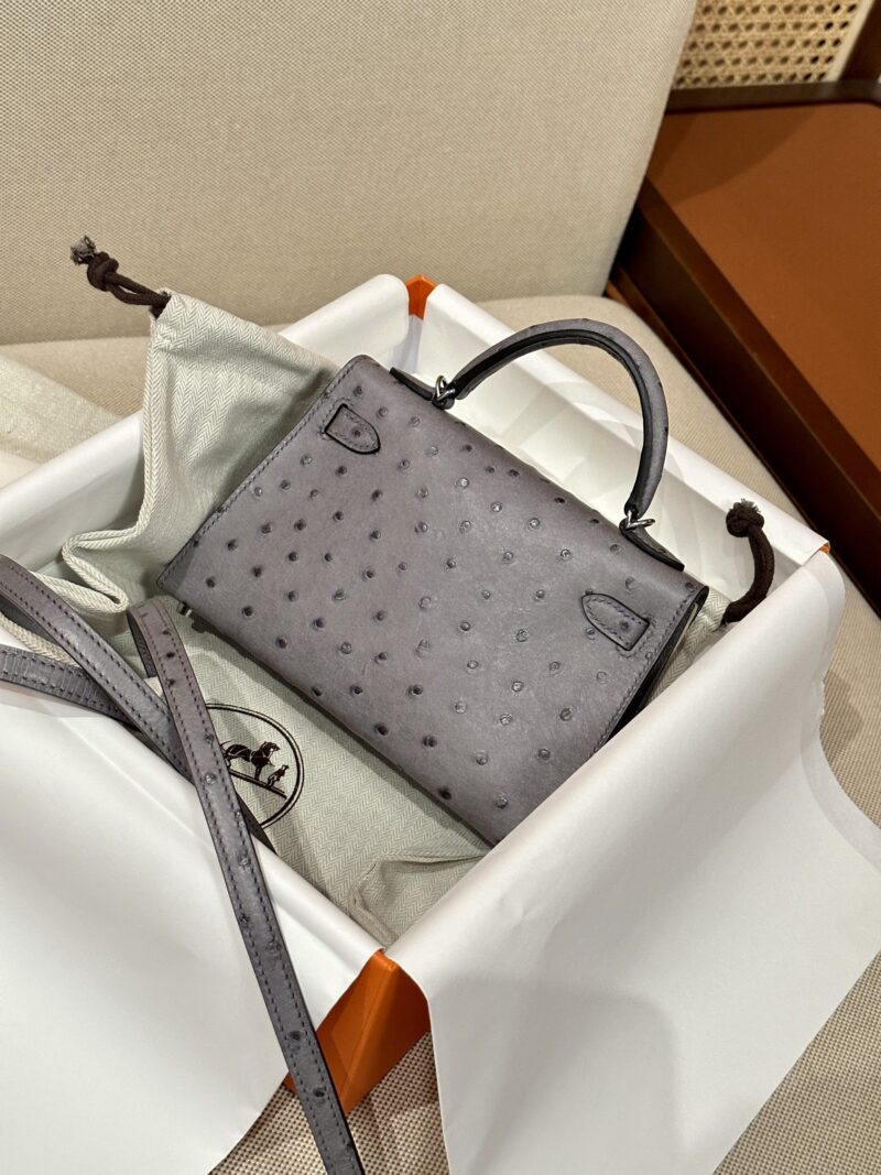 Hermès Mini Kelly 19 Ostrich Gris Agate Silver Hardware - Image 9
