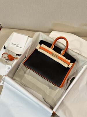 Hermès Birkin 25 Feu Orange, Noir Togo Gold Hardware