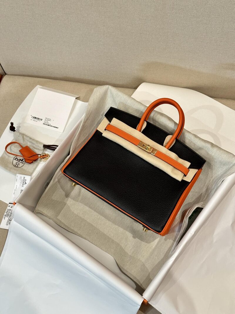 Hermès Birkin 25 Feu Orange, Noir Togo Gold Hardware