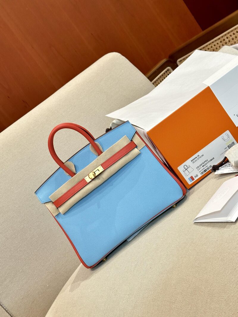 Hermès Birkin 25 Blue Celeste, Feu Orange Epsom Gold Hardware