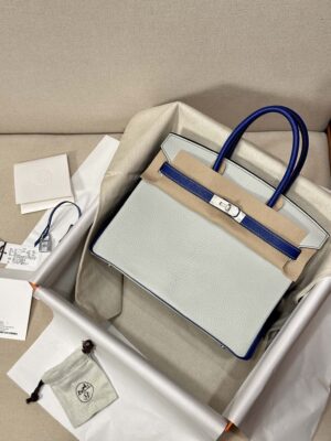 Hermès Birkin 30 Gris Pearl, Blue Electric Chevre Palladium Hardware