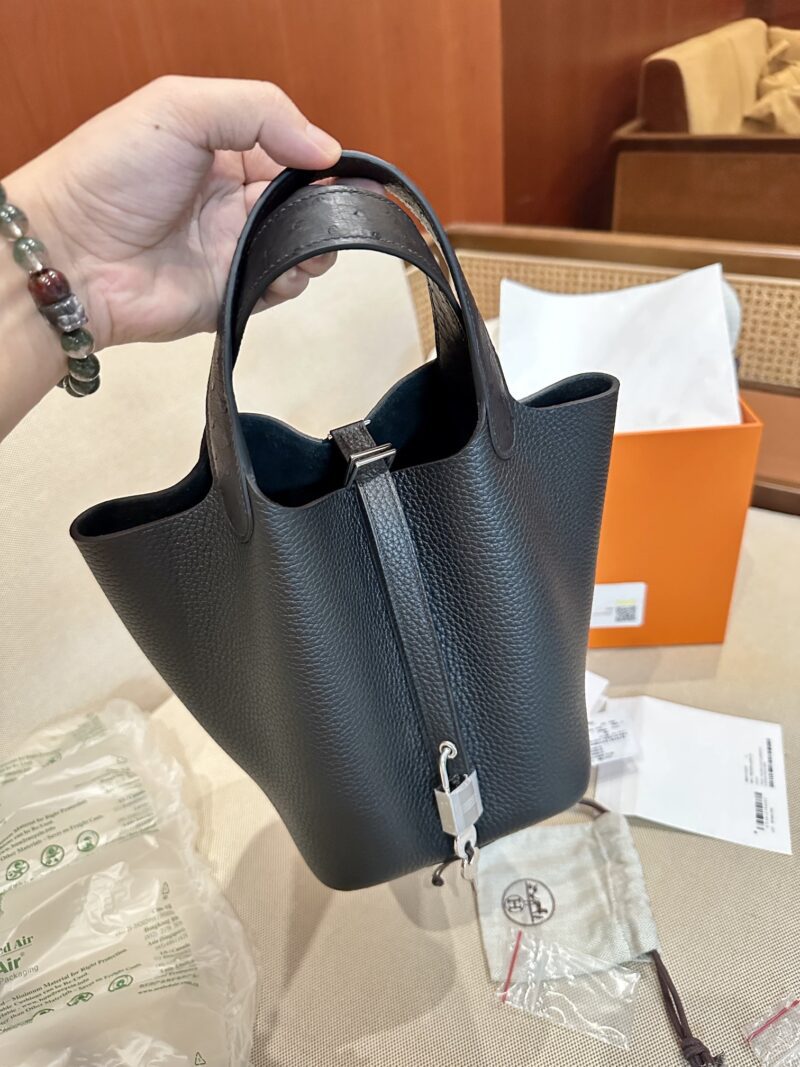 Hermès Picotin Touch 18 Taurillon Clemence & Ostrich Noir Silver Hardware