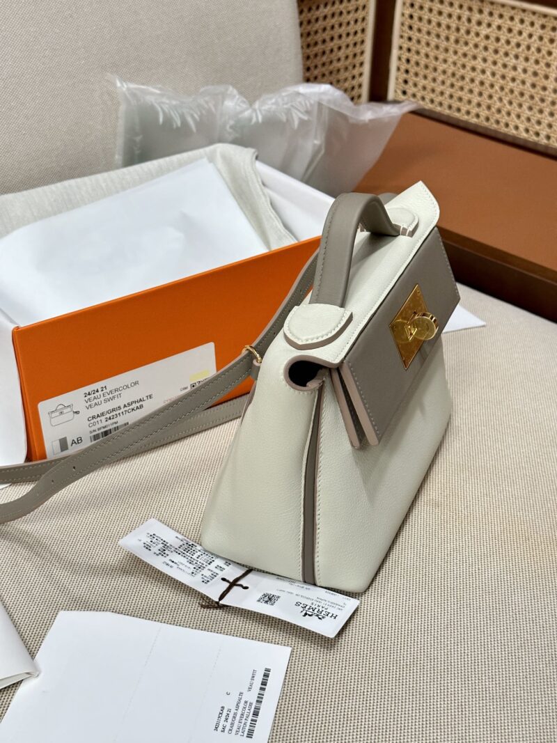 Hermès Mini Kelly 2424 Evercolor & Swift Craie & Gris Asphalt Gold Hardware - Image 9