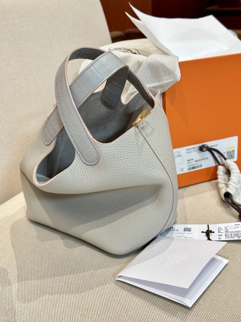 Hermès Picotin Touch 18 Taurillon Clemence & Matte Alligator Gris Pearl Gold Hardware - Image 3