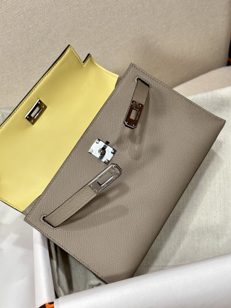 Hermès Kelly Pochette Gris Asphalt, Jaune Poussin Epsom Palladium Hardware