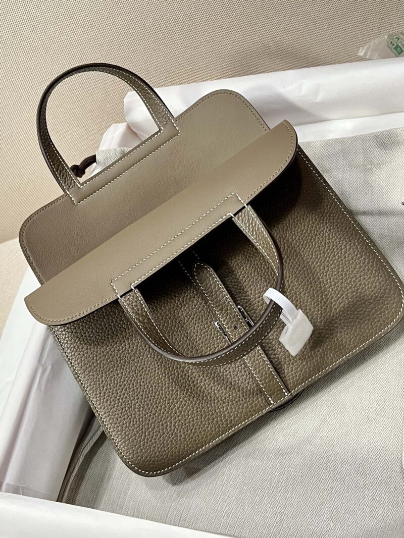 Hermès Halzan 25 Taurillon Clemence & Swift Etoupe Silver Hardware - Image 5