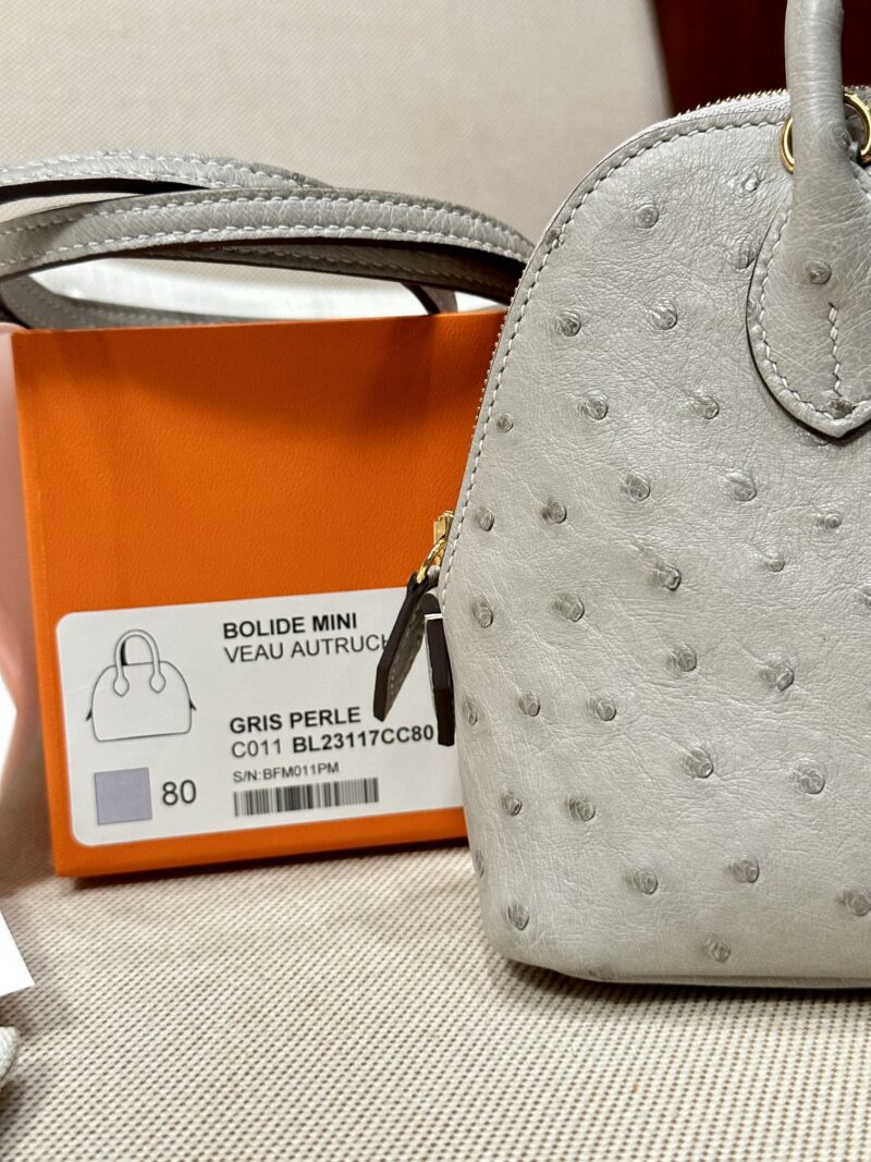Hermès Mini Bolide 18 Ostrich Gris Pearl Gold Hardware