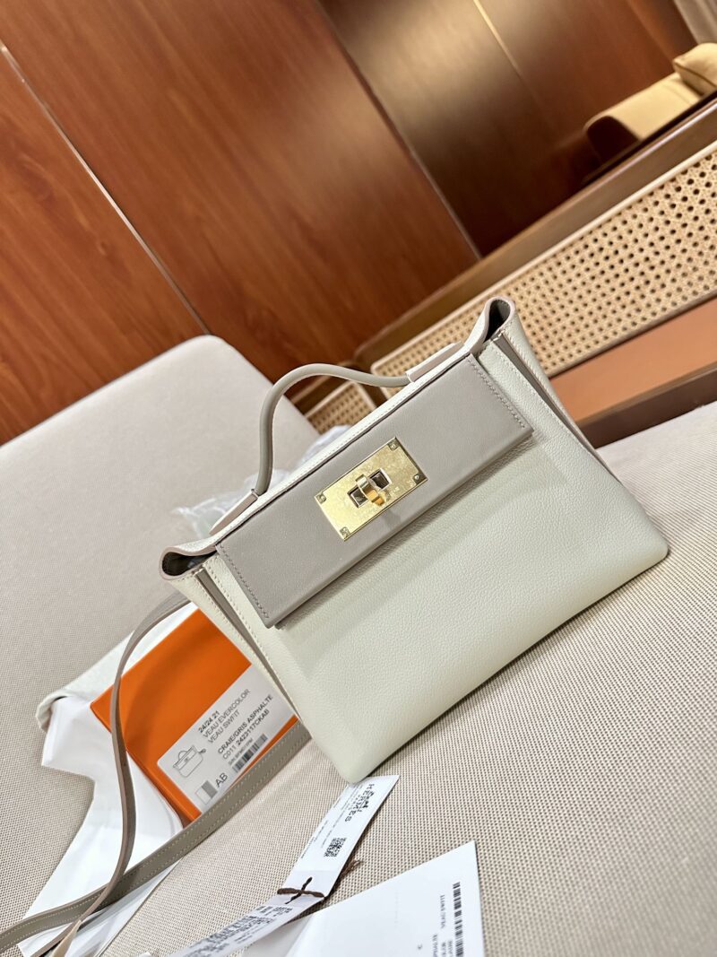 Hermès Mini Kelly 2424 Evercolor & Swift Craie & Gris Asphalt Gold Hardware - Image 4