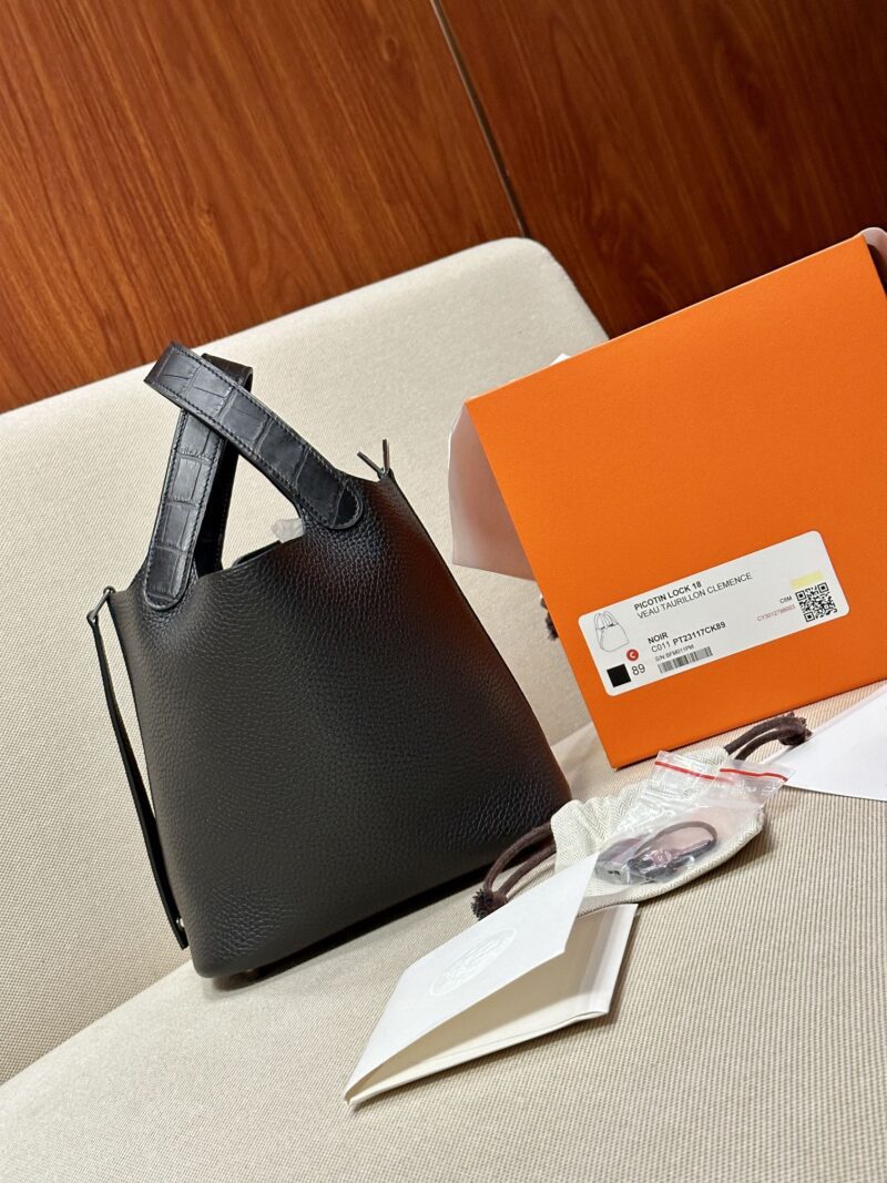 Hermès Picotin Touch 18 Taurillon Clemence & Crocodile Noir Silver Hardware - Image 3