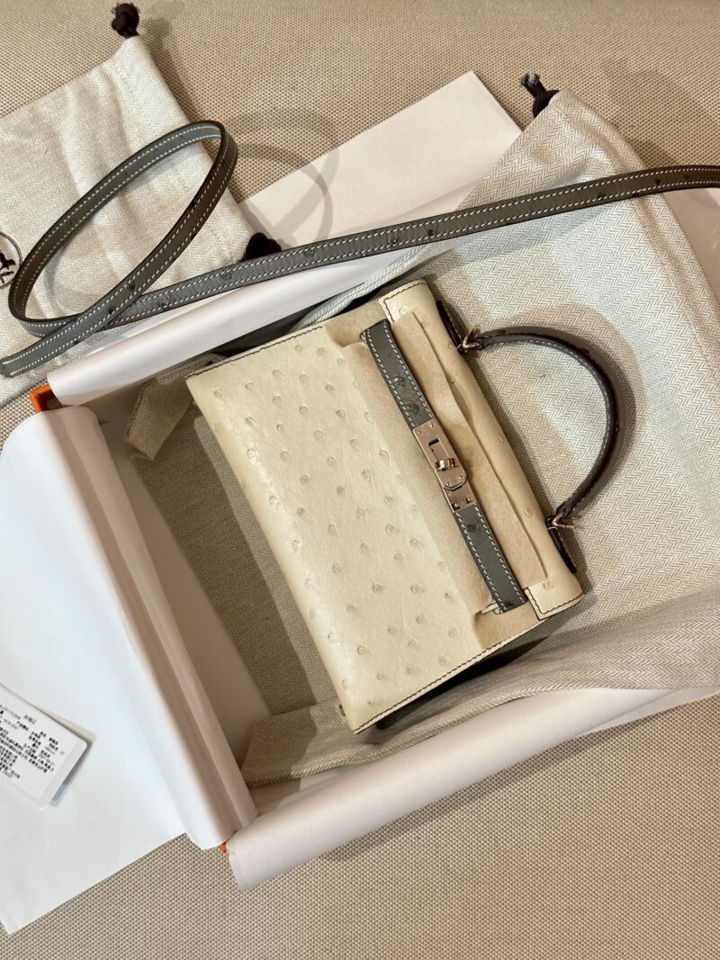 Hermès Mini Kelly 19 Ostrich Beton & Gris Asphalt Gold Hardware