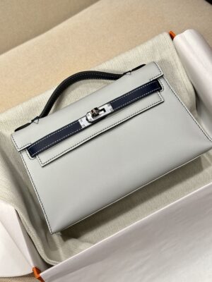 Hermès Kelly Pochette Blue Brume, Blue Navy Swift Palladium Hardware