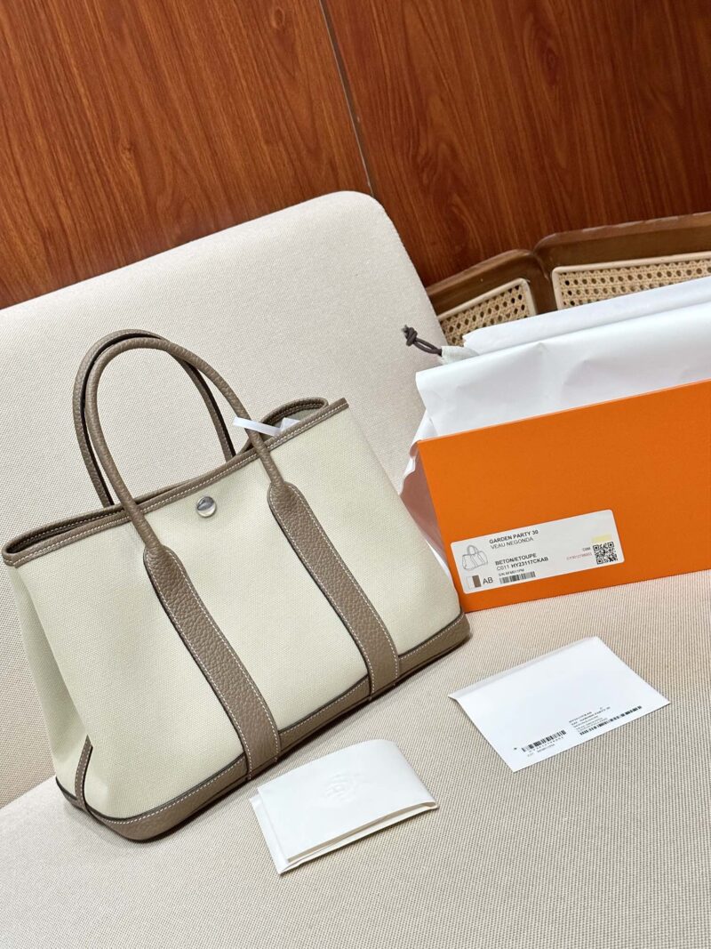 Hermès Garden Party 30 Canvas & Togo Beton & Etoupe Silver Hardware - Image 4