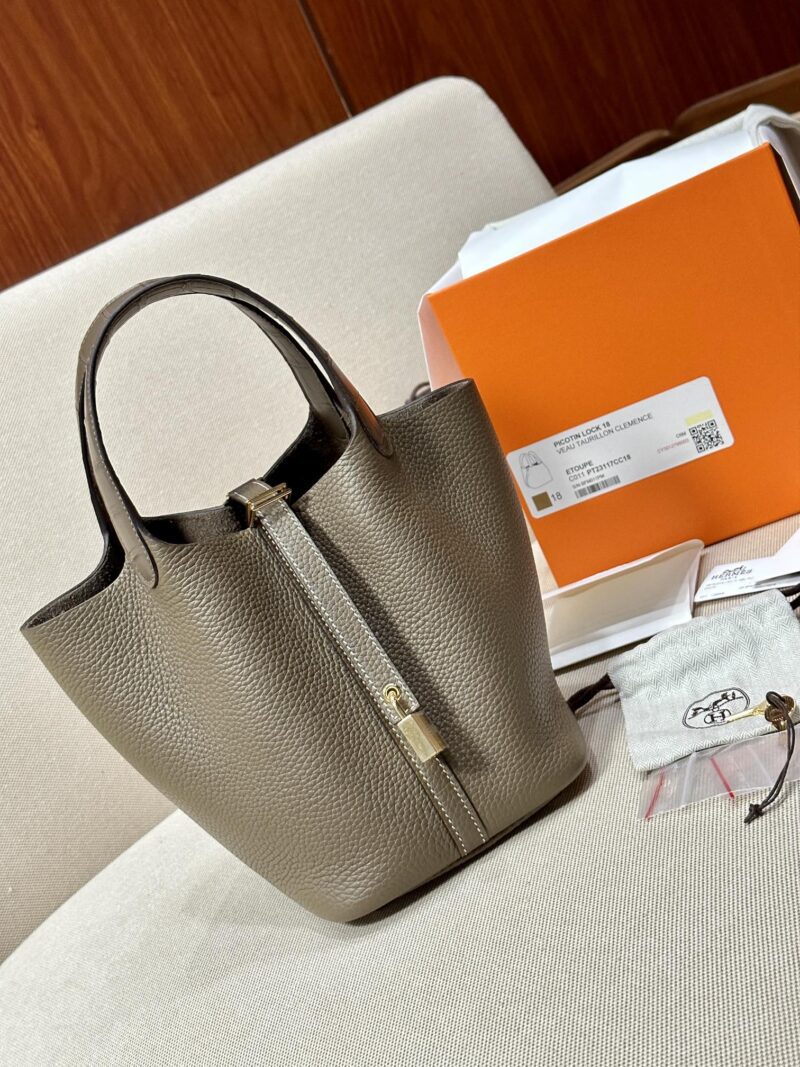 Hermès Picotin Touch 18 Taurillon Clemence & Crocodile Etoupe Gold Hardware - Image 3