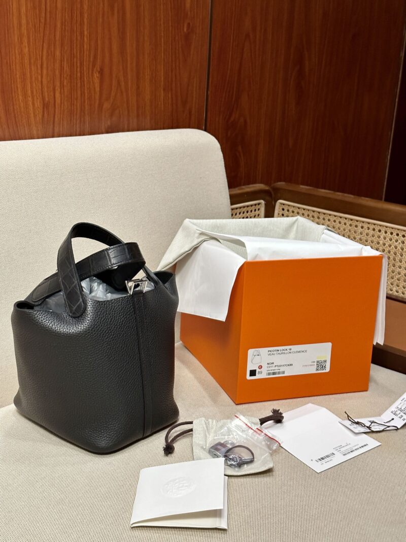 Hermès Picotin Touch 18 Taurillon Clemence & Crocodile Noir Silver Hardware - Image 2
