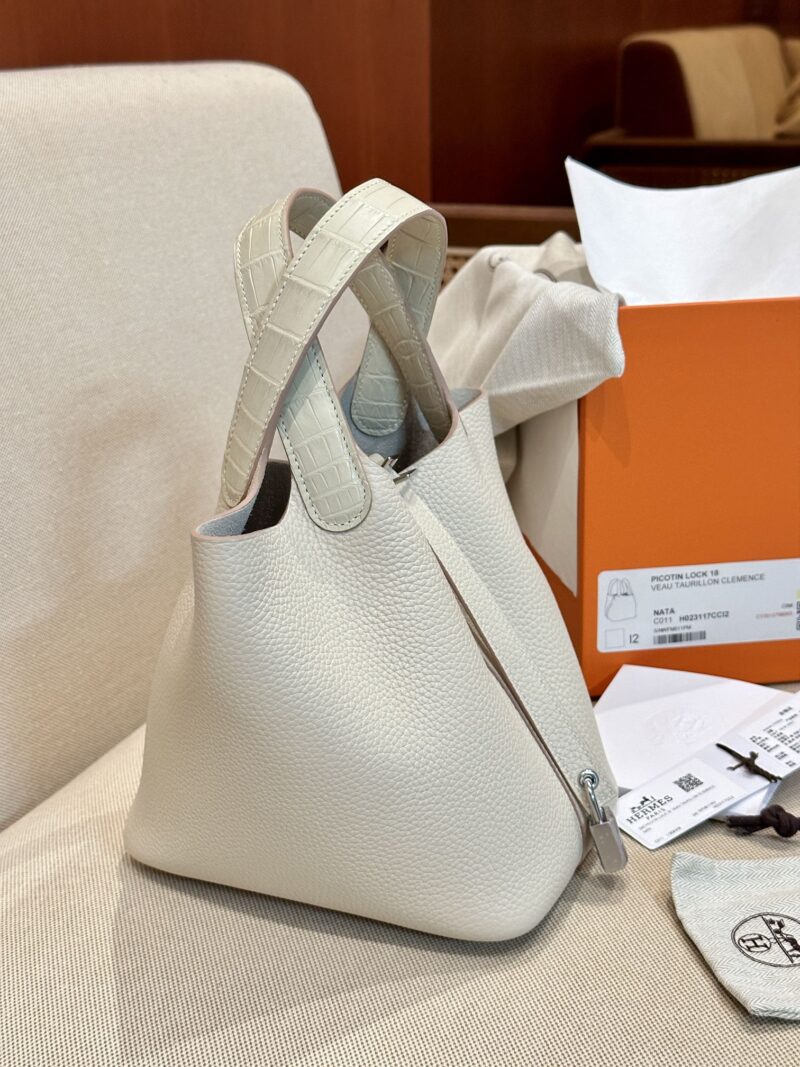 Hermès Picotin Touch 18 Taurillon Clemence & Matte Alligator Craie Silver Hardware - Image 3