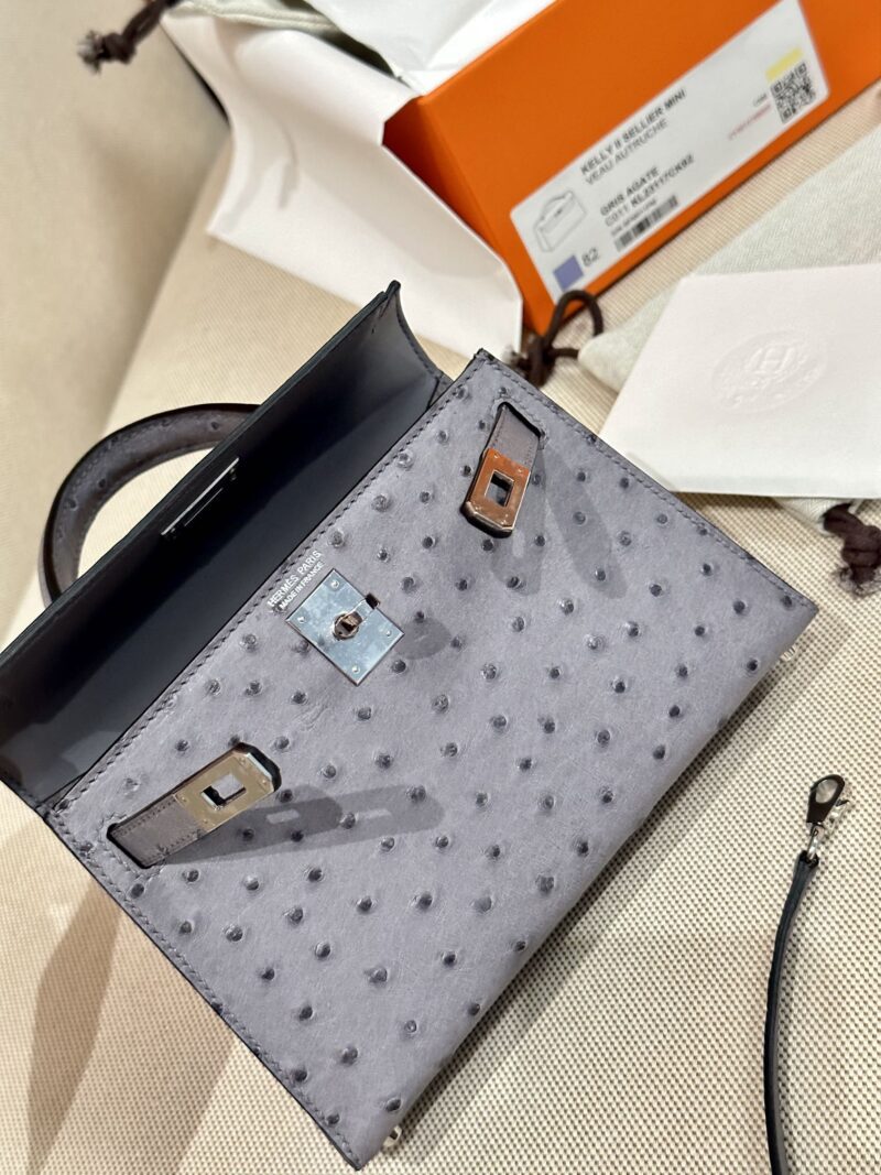 Hermès Mini Kelly 19 Ostrich Gris Agate Silver Hardware - Image 11