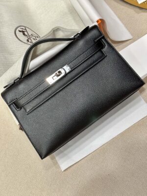 Hermès Kelly Pochette Noir, Beton Swift Palladium Hardware