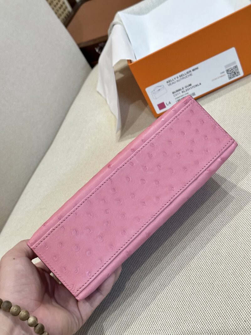 Hermès Kelly Pochette Rose Bubble Ostrich Palladium Hardware