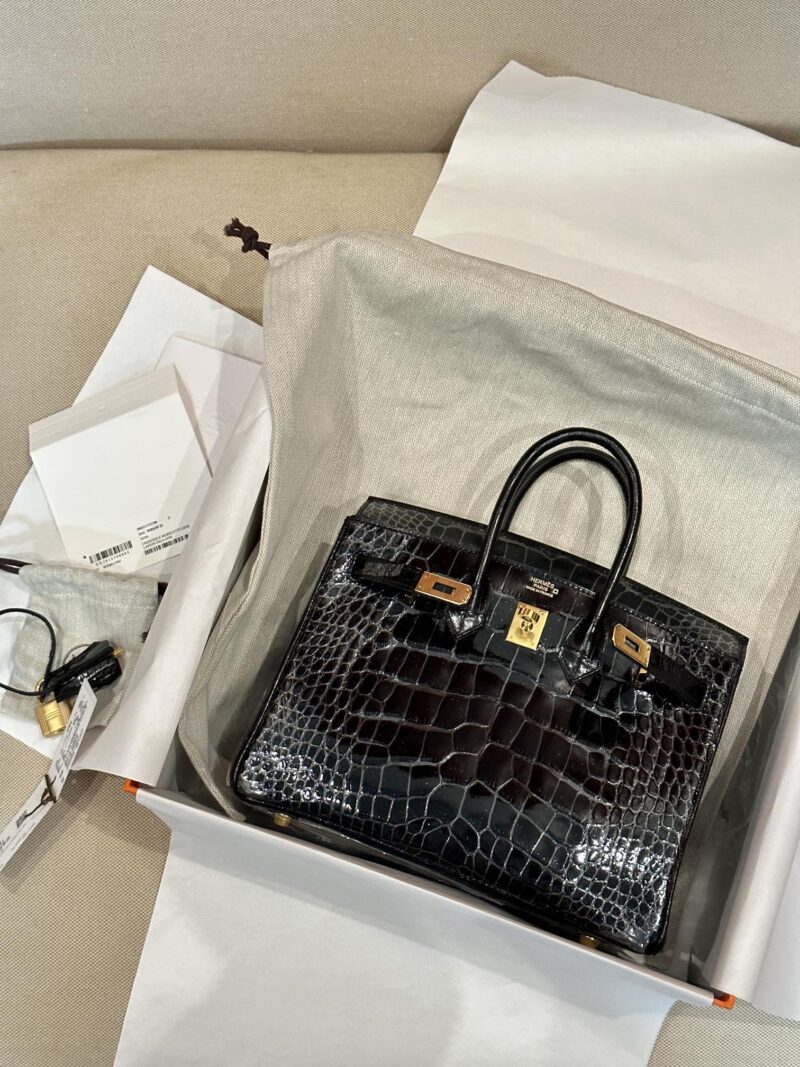 Hermès Birkin 25 Noir, Gold Shiny Crocodile Gold Hardware - Image 19