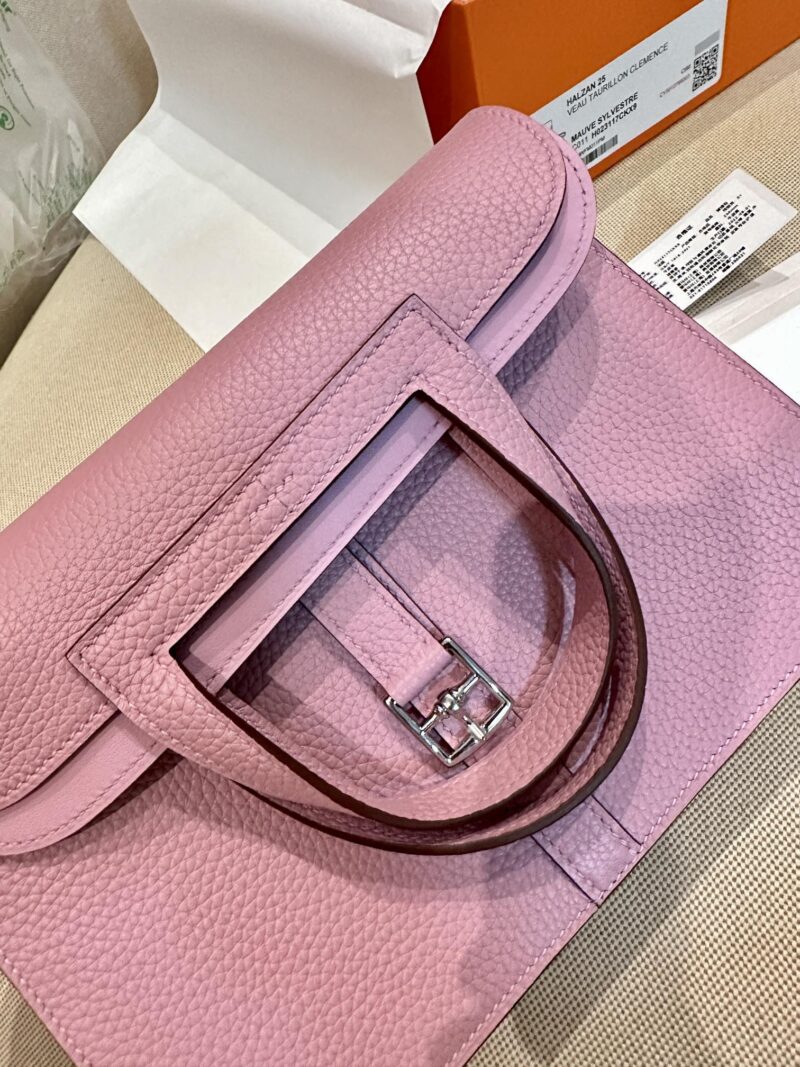 Hermès Halzan 25 Taurillon Clemence & Swift Mauve Sylvestre Silver Hardware - Image 3