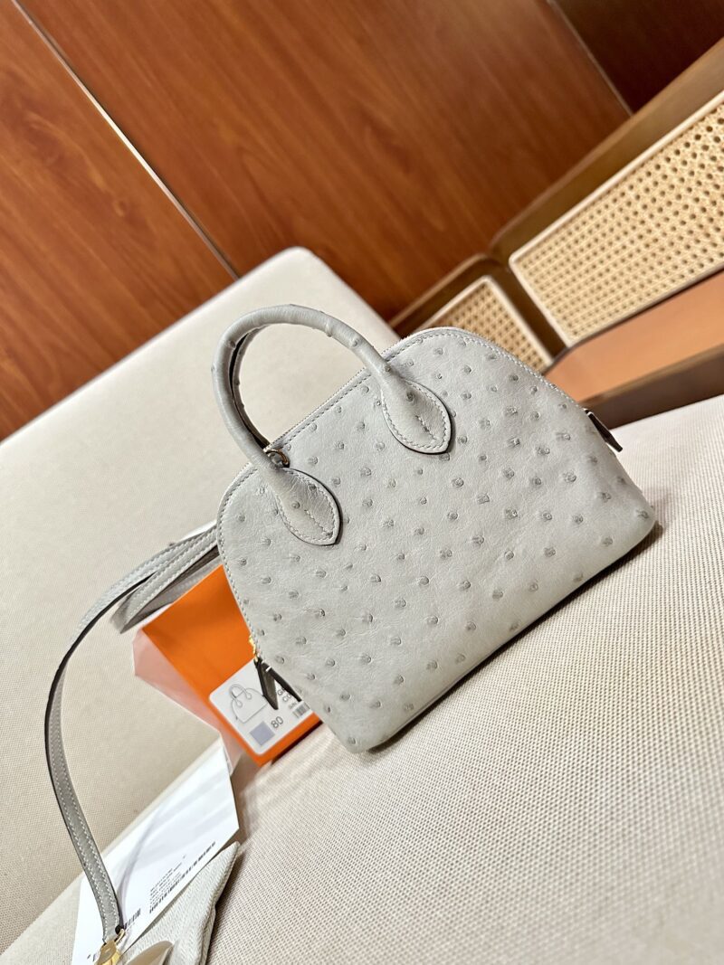 Hermès Mini Bolide 18 Ostrich Gris Pearl Gold Hardware
