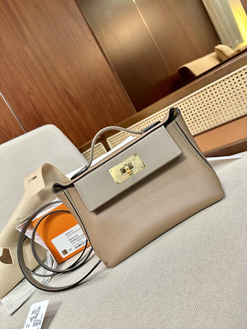 Hermès Mini Kelly 2424 Evercolor & Swift Beige Weimer & Etoupe Gold Hardware - Image 6