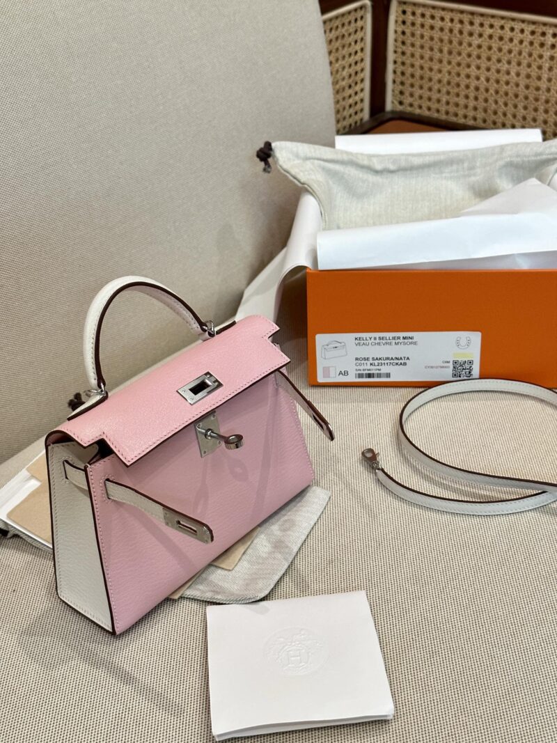 Hermès Mini Kelly 19 Chevre Rose Sakura & Nata Silver Hardware - Image 5