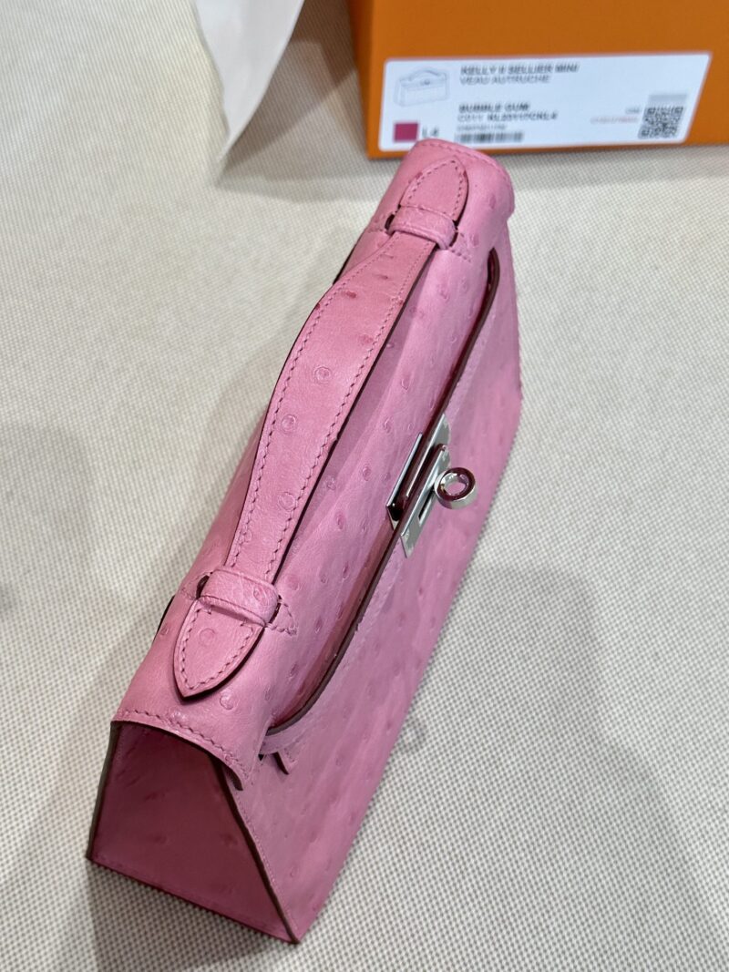 Hermès Kelly Pochette Rose Bubble Ostrich Palladium Hardware