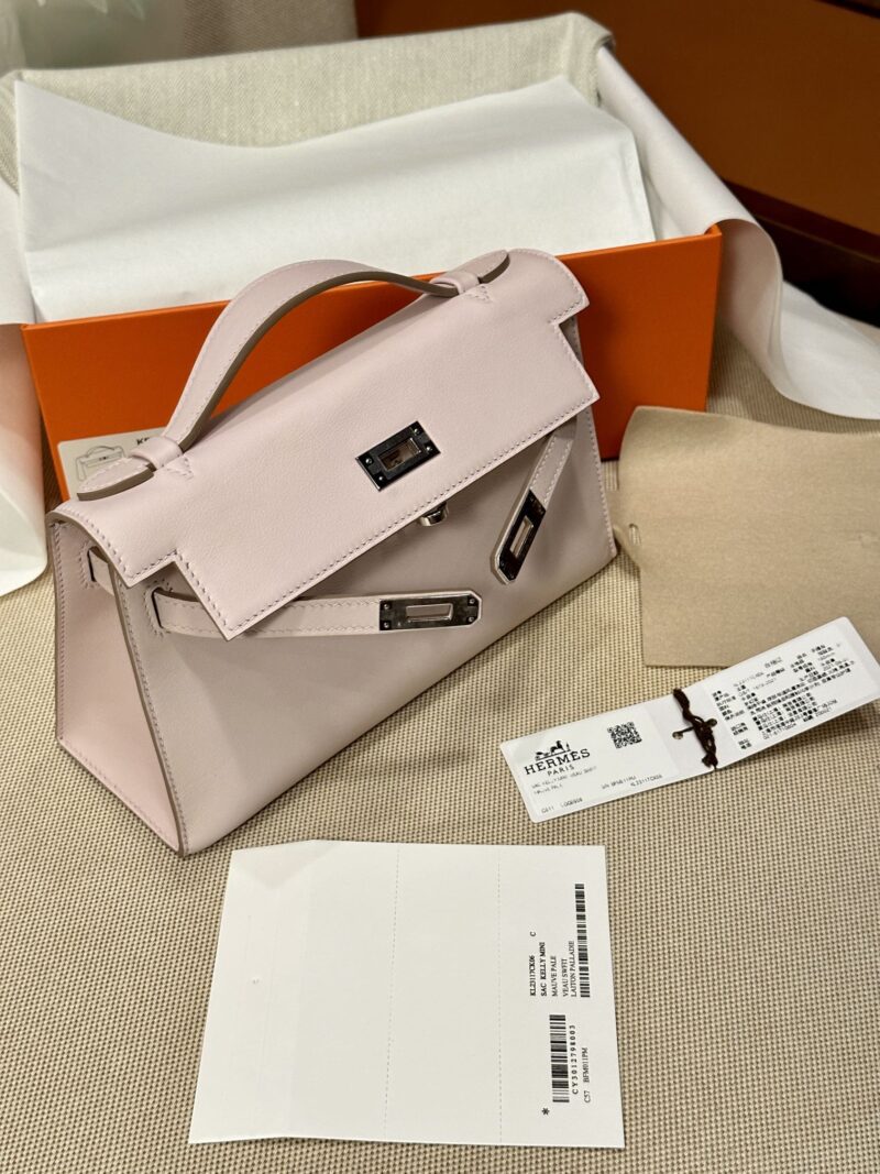 Hermès Kelly Pochette Mauve Pale Swift Palladium Hardware