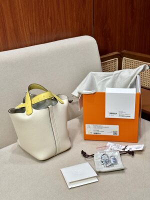Hermès Picotin 18 Taurillon Clemence & Ostrich Nata & Lime Silver Hardware