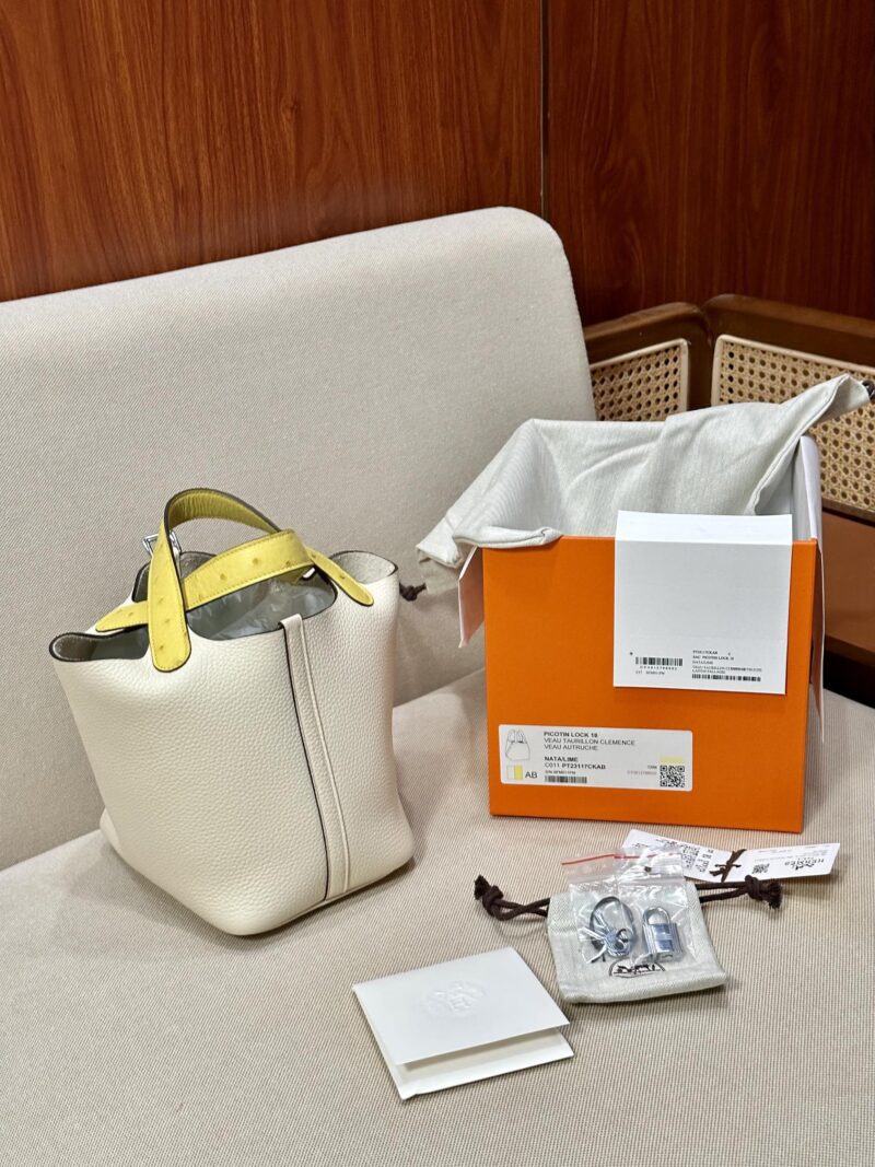 Hermès Picotin 18 Taurillon Clemence & Ostrich Nata & Lime Silver Hardware