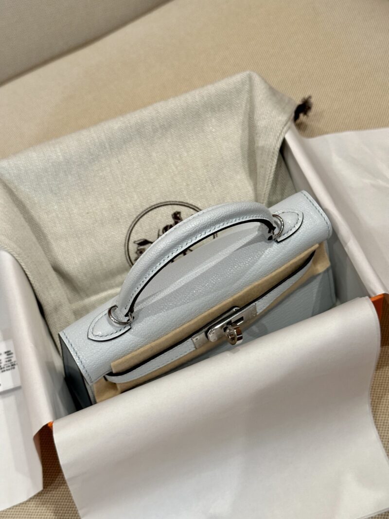 Hermès Mini Kelly Chevre Blue Pale Silver Hardware - Image 3