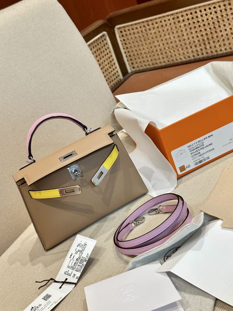 Hermès Mini Kelly Epsom Chai & Mauve Sylvestre & Jaune Citron Silver Hardware - Image 4
