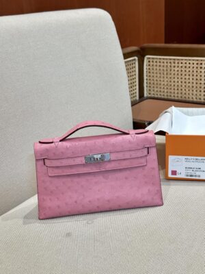 Hermès Kelly Pochette Rose Bubble Ostrich Palladium Hardware